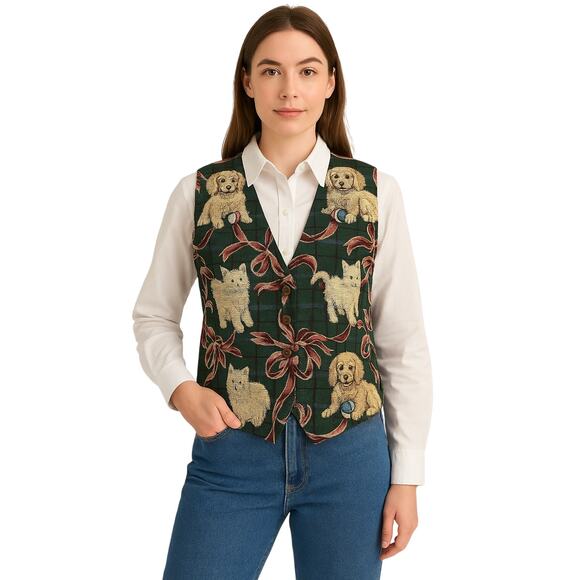 Paul Harris Design Holiday 90s Pets Tapestry Vest  Size Approx. Small - Picture 1 of 6